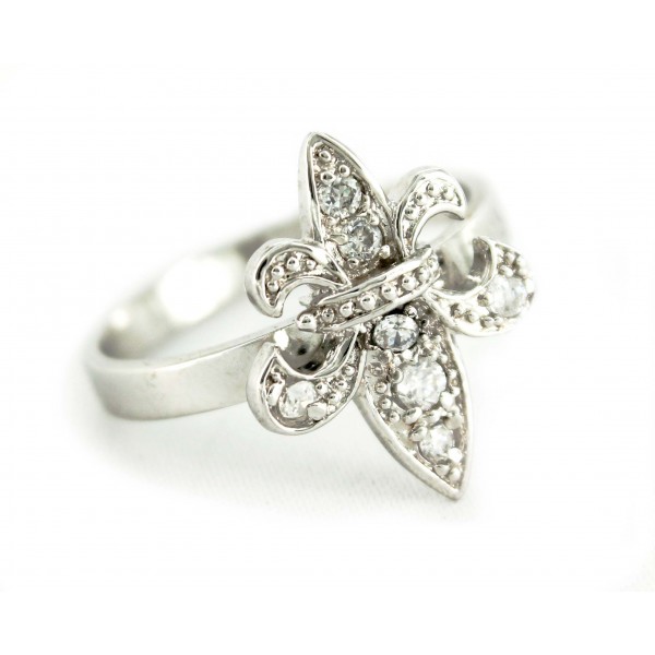 Finger Ring - 925 Sterling Silver - Fleur de Lis Charm with Austrian Crystals - RN-PRG9098